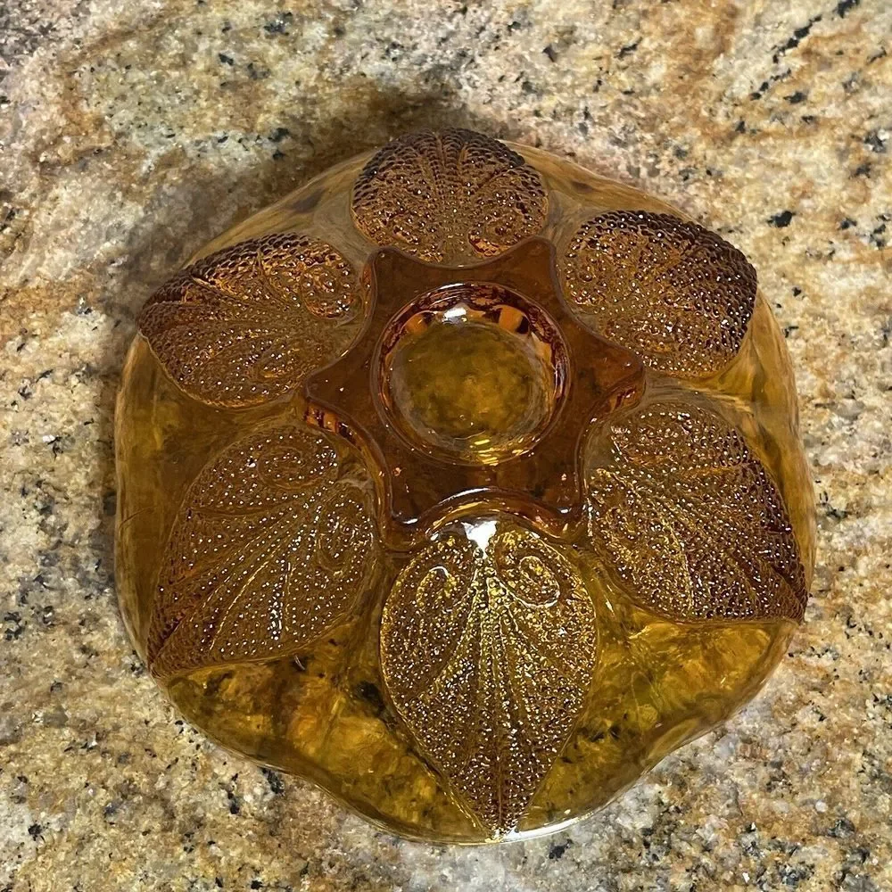 Anchor Hocking Dish Bowl 6.5x3 Inch Amber Glass Renaissance Flower Bloom Pattern